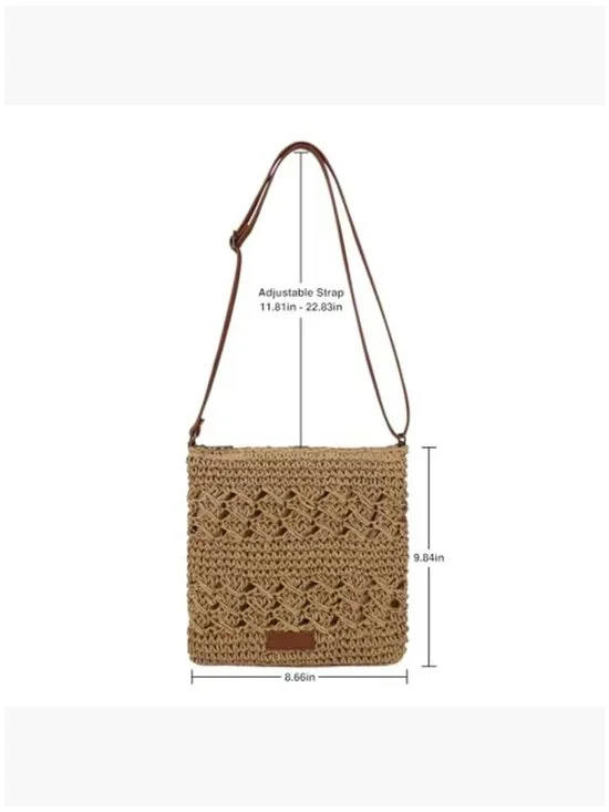 Handwoven Straw Crossbody Shoulder Bag with Leather Strap - Picture 5 of 6